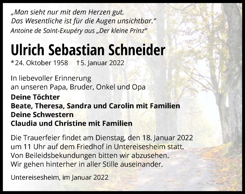  Traueranzeige für Ulrich Sebastian Schneider vom 15.01.2022 aus GESAMT