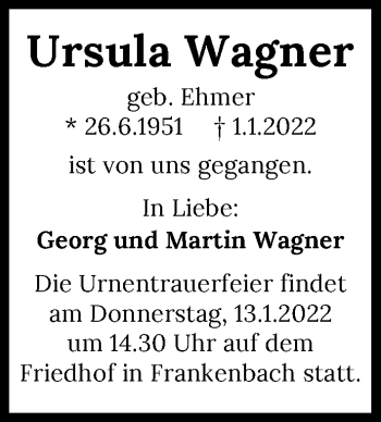 Traueranzeige von Ursula Wagner von GESAMT
