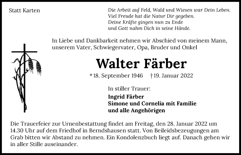  Traueranzeige für Walter Färber vom 26.01.2022 aus GESAMT