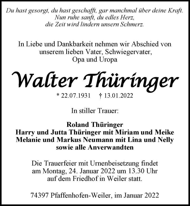  Traueranzeige für Walter Thüringer vom 20.01.2022 aus GESAMT