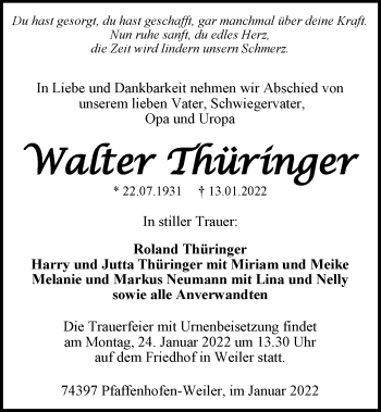 Traueranzeige von Walter Thüringer von GESAMT