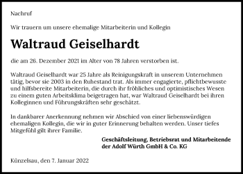Traueranzeige von Waltraud Geiselhardt von GESAMT