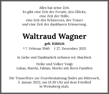 Traueranzeige von Waltraud Wagner von GESAMT