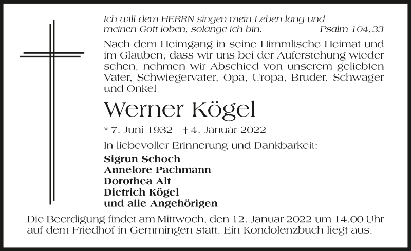  Traueranzeige für Werner Kögel vom 08.01.2022 aus GESAMT