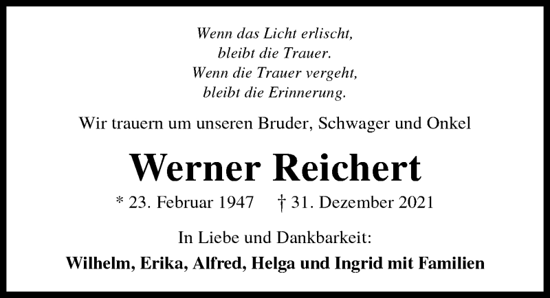  Traueranzeige für Werner Reichert vom 08.01.2022 aus GESAMT