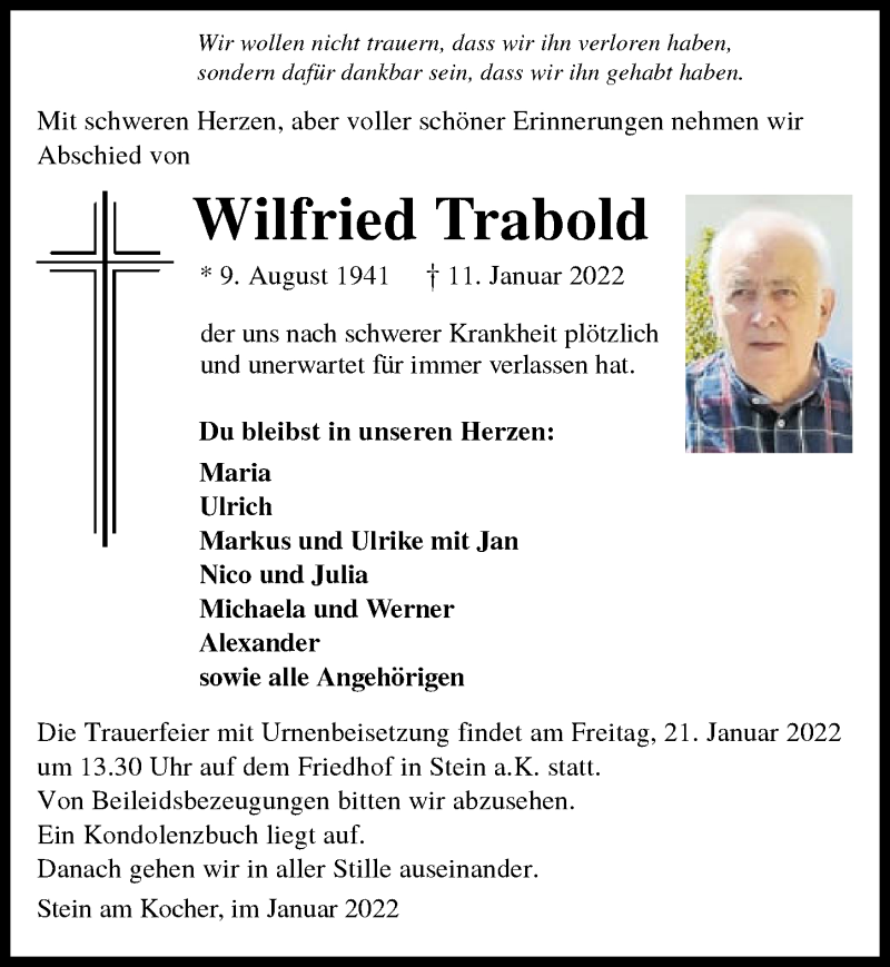  Traueranzeige für Wilfried Trabold vom 15.01.2022 aus GESAMT