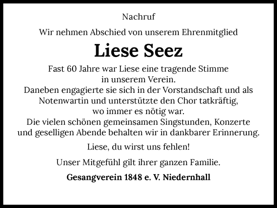 Traueranzeige von Liese Seez von Heilbronner Stimme