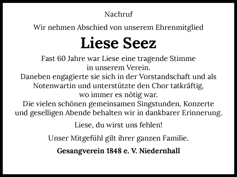  Traueranzeige für Liese Seez vom 19.10.2022 aus Heilbronner Stimme