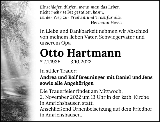 Traueranzeige von Otto Hartmann 
