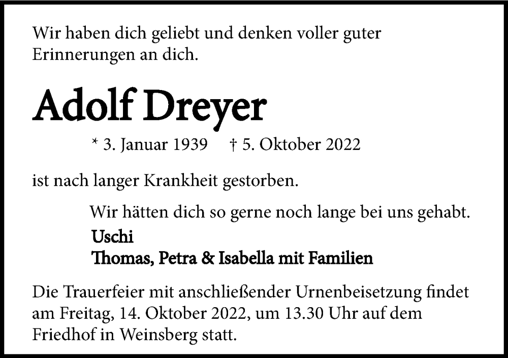  Traueranzeige für Adolf Dreyer vom 08.10.2022 aus GESAMT