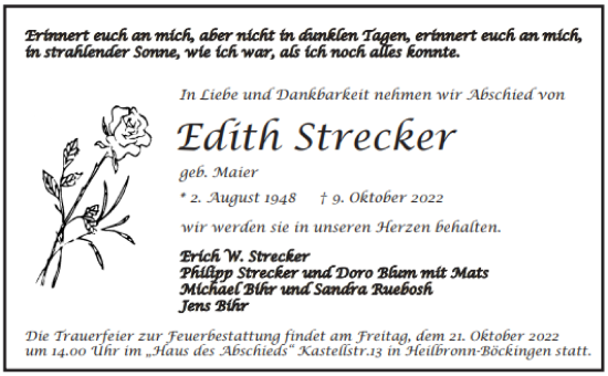 Traueranzeige von Edith Strecker 