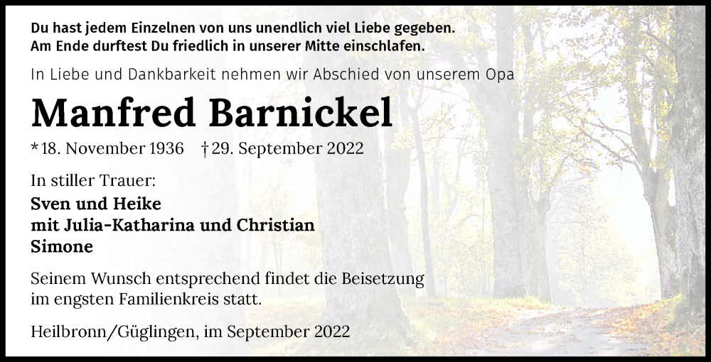  Traueranzeige für Alfred Barnickel vom 01.10.2022 aus GESAMT