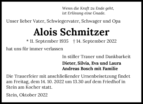 Traueranzeige von Alois Schmitzer von GESAMT