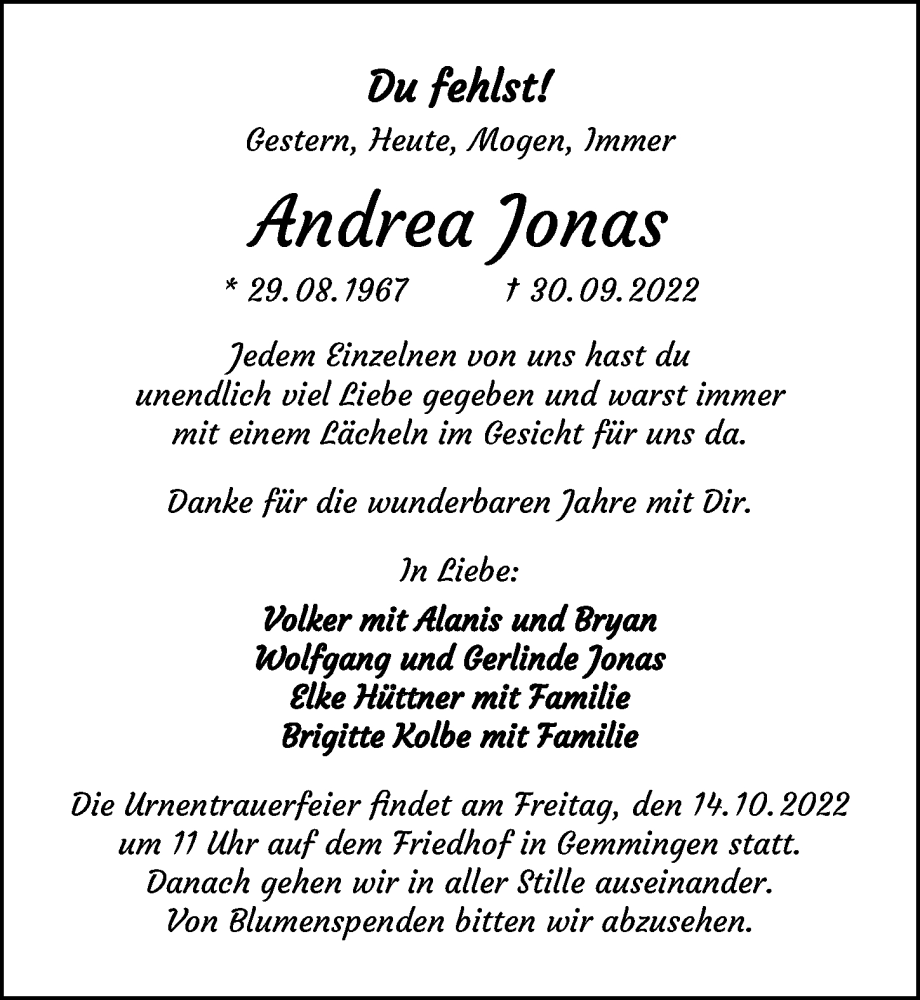  Traueranzeige für Andrea Jonas vom 08.10.2022 aus GESAMT