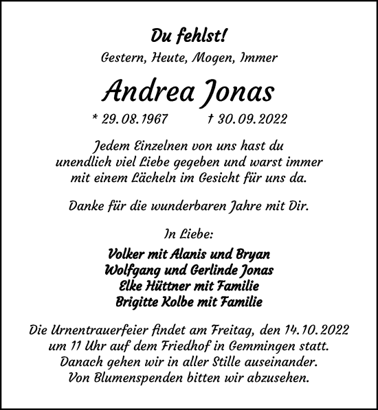 Traueranzeige von Andrea Jonas von GESAMT