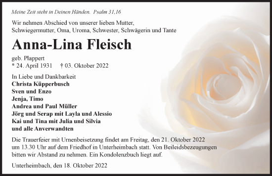 Traueranzeige von Anna-Lina Fleisch von Heilbronner Stimme