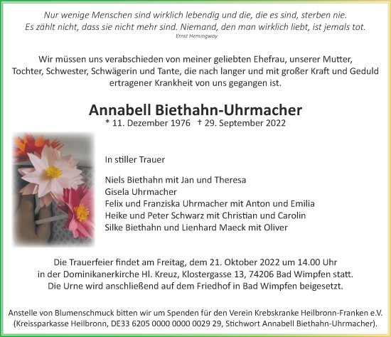 Traueranzeige von Annabell Biethahn-Uhrmacher von Heilbronner Stimme