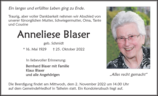 Traueranzeige von Anneliese Blaser von Heilbronner Stimme
