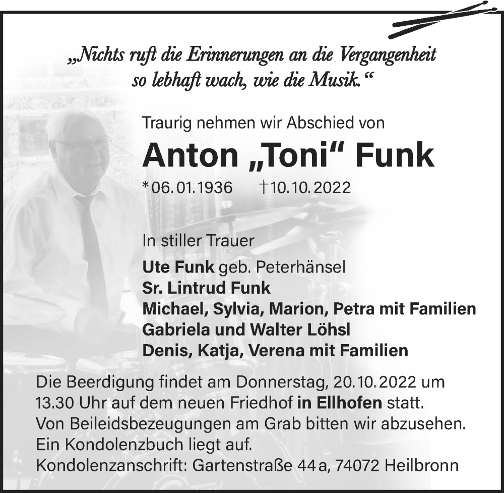  Traueranzeige für Anton Funk vom 15.10.2022 aus Heilbronner Stimme