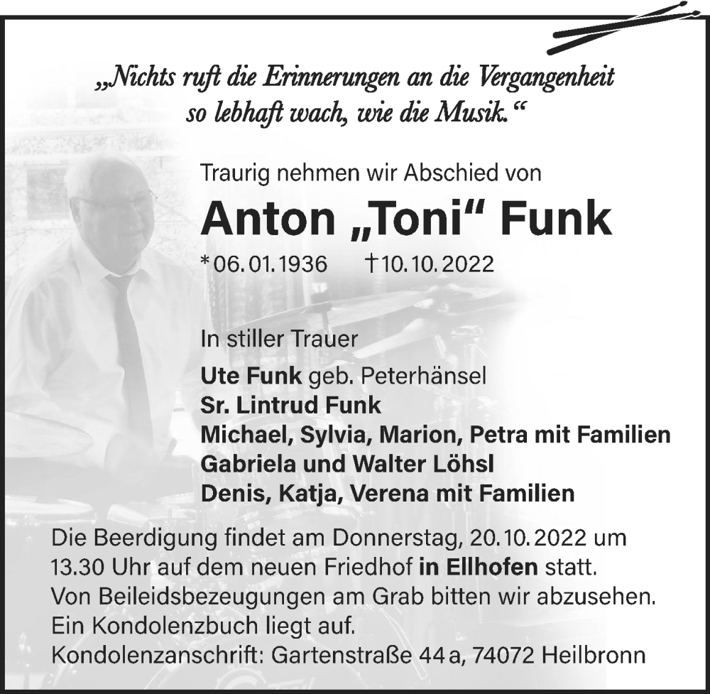  Traueranzeige für Anton Funk vom 18.10.2022 aus Heilbronner Stimme