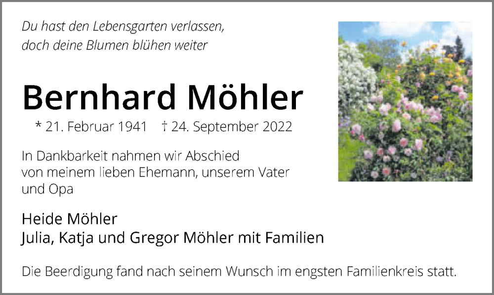  Traueranzeige für Bernhard Möhler vom 08.10.2022 aus GESAMT