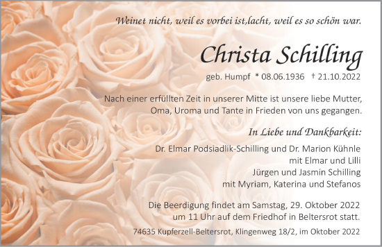 Traueranzeige von Christa Schilling von Heilbronner Stimme