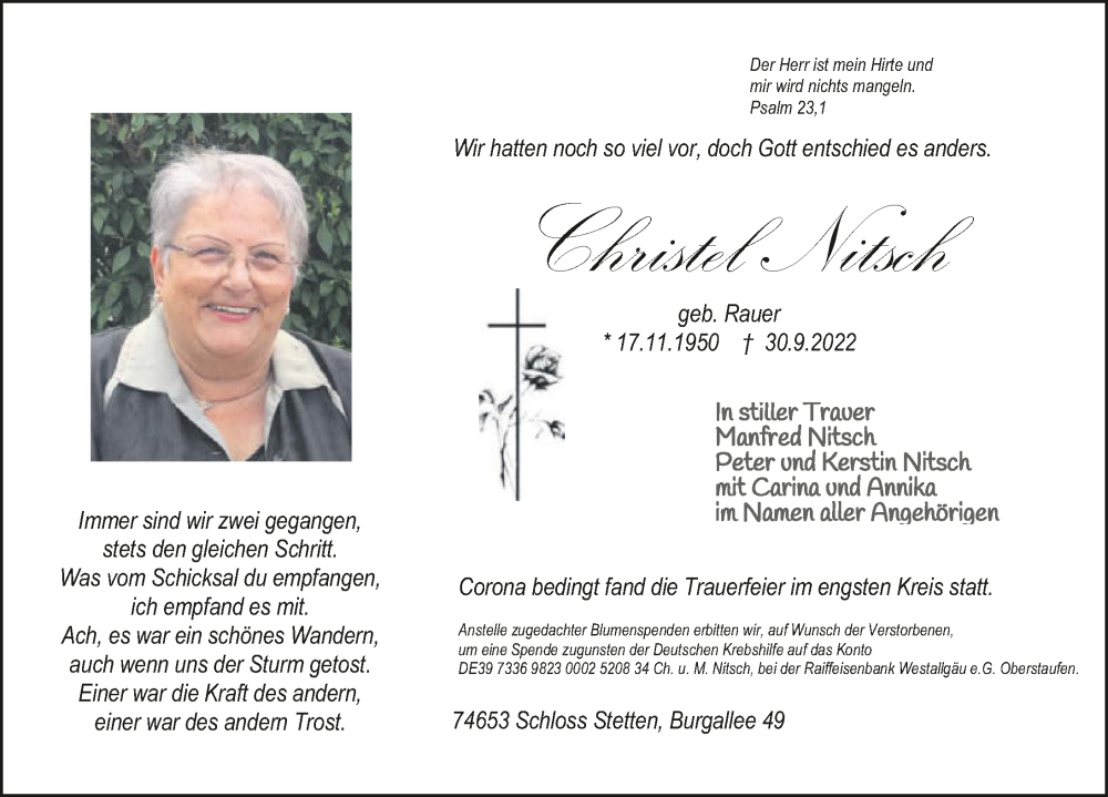  Traueranzeige für Christel Nitsch vom 08.10.2022 aus GESAMT
