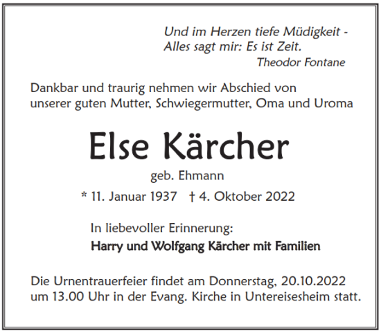 Traueranzeige von Else Kärcher von Heilbronner Stimme