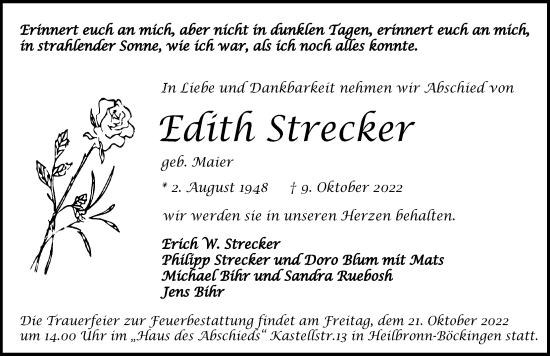 Traueranzeige von Edith Strecker von Heilbronner Stimme