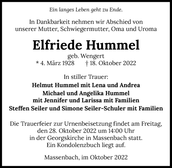 Traueranzeige von Elfriede Hummel von Heilbronner Stimme