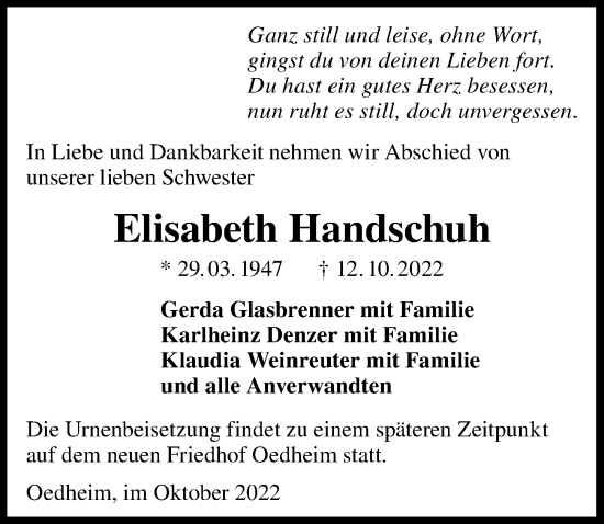 Traueranzeige von Elisabeth Handschuh von Heilbronner Stimme