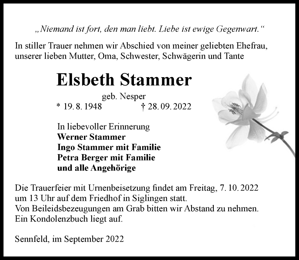  Traueranzeige für Elsbeth Stammer vom 01.10.2022 aus GESAMT