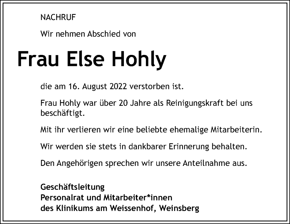  Traueranzeige für Else Hohly vom 11.10.2022 aus GESAMT