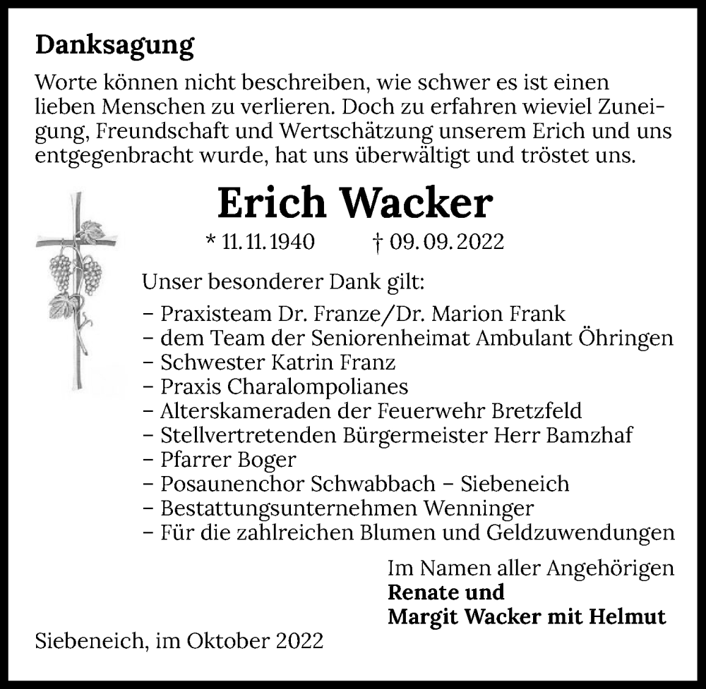  Traueranzeige für Erich Wacker vom 08.10.2022 aus GESAMT
