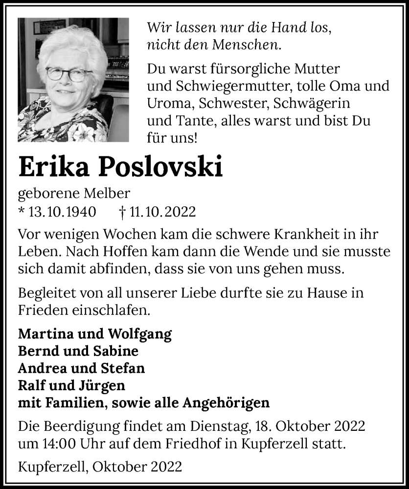  Traueranzeige für Erika Poslovski vom 13.10.2022 aus GESAMT