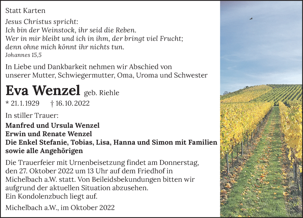 Traueranzeige für Eva Wenzel vom 22.10.2022 aus Heilbronner Stimme