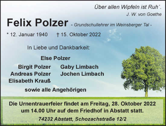 Traueranzeige von Felix Polzer von Heilbronner Stimme