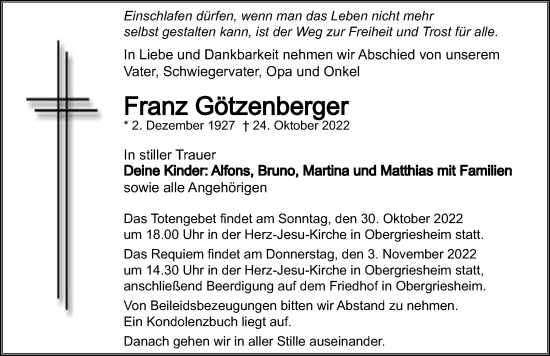 Traueranzeige von Franz Götzenberger von Heilbronner Stimme