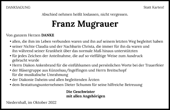 Traueranzeige von Franz Mugrauer von Heilbronner Stimme