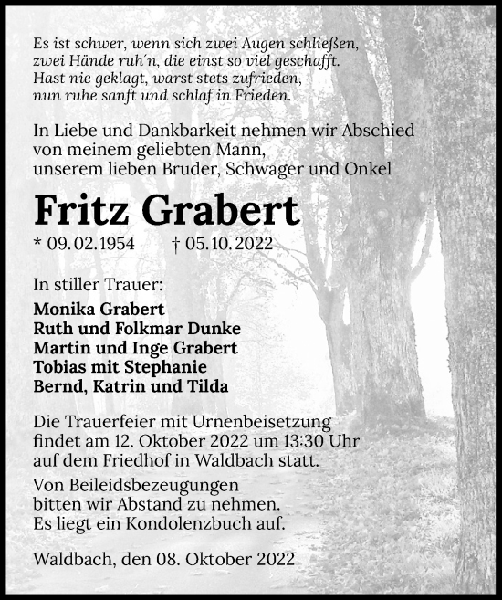 Traueranzeige von Fritz Grabert von GESAMT