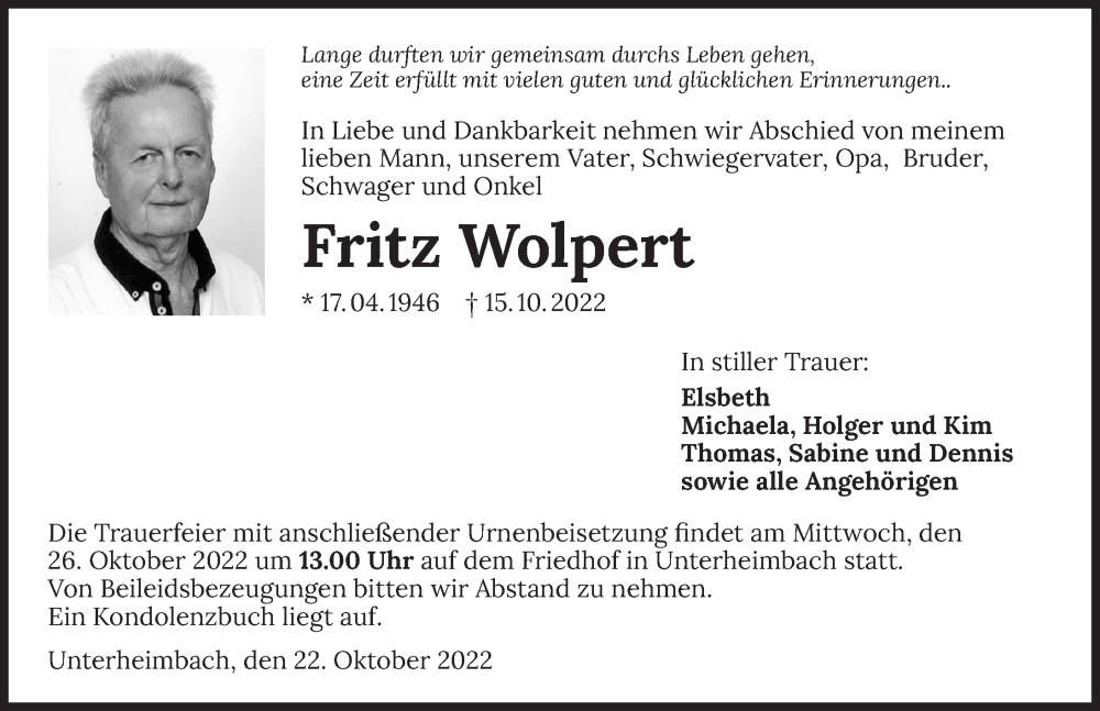  Traueranzeige für Fritz Wolpert vom 22.10.2022 aus Heilbronner Stimme