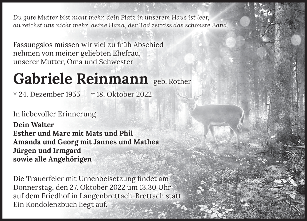  Traueranzeige für Gabriele Reinmann vom 23.10.2022 aus Heilbronner Stimme