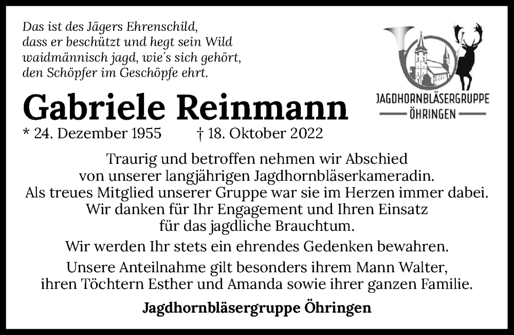  Traueranzeige für Gabriele Reinmann vom 25.10.2022 aus Heilbronner Stimme