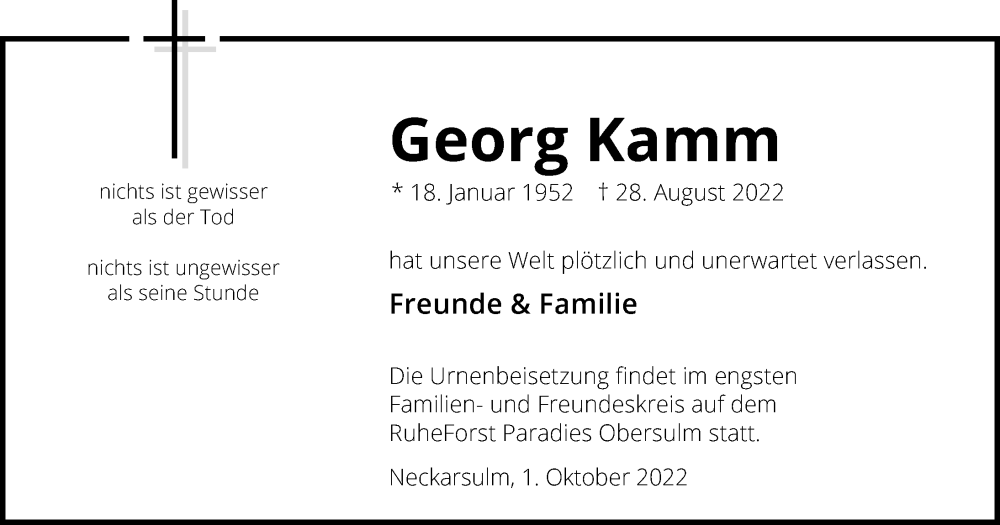  Traueranzeige für Georg Kamm vom 01.10.2022 aus GESAMT