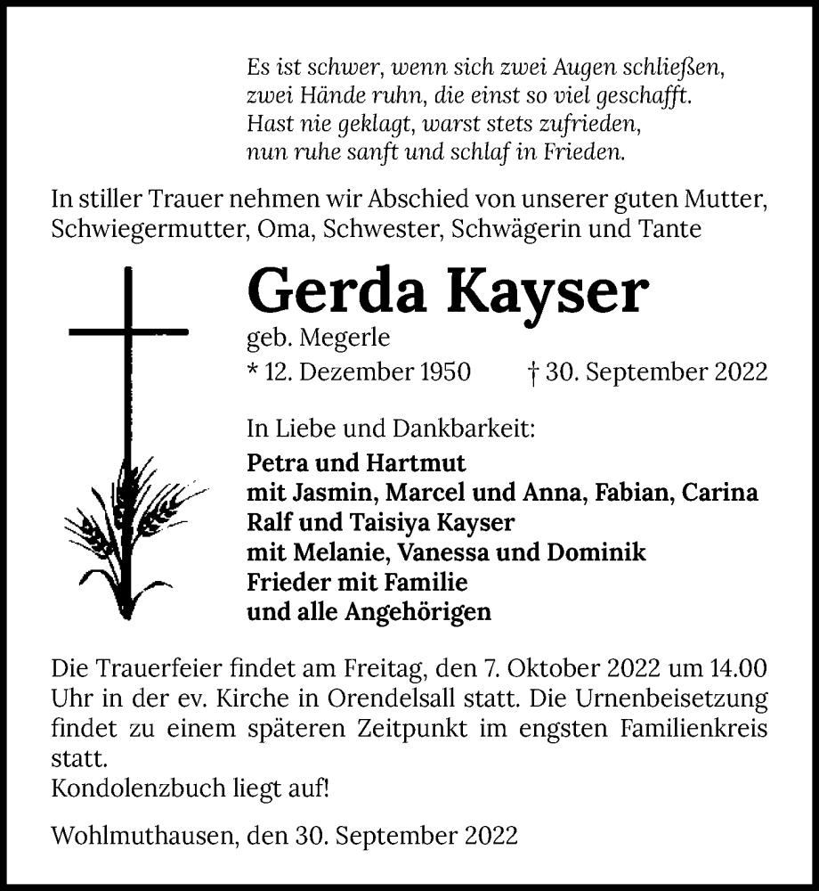  Traueranzeige für Gerda Kayser vom 05.10.2022 aus GESAMT