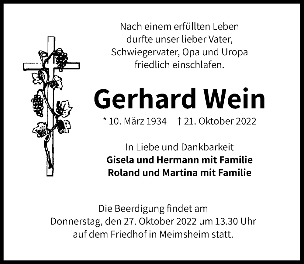  Traueranzeige für Gerhard Wein vom 26.10.2022 aus Heilbronner Stimme