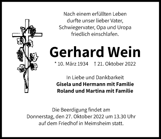 Traueranzeige von Gerhard Wein von Heilbronner Stimme