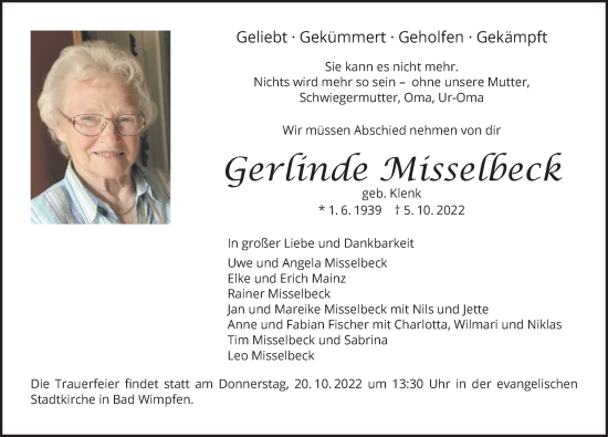 Traueranzeige von Gerlinde Misselbeck von Heilbronner Stimme