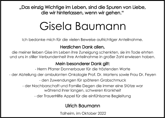 Traueranzeige von Gisela Baumann von Heilbronner Stimme