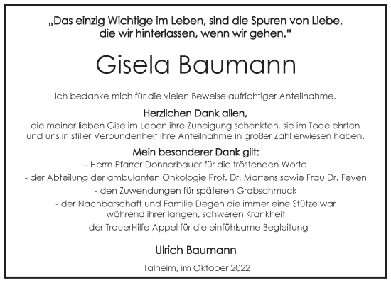 Traueranzeige von Gisela Baumann von Heilbronner Stimme